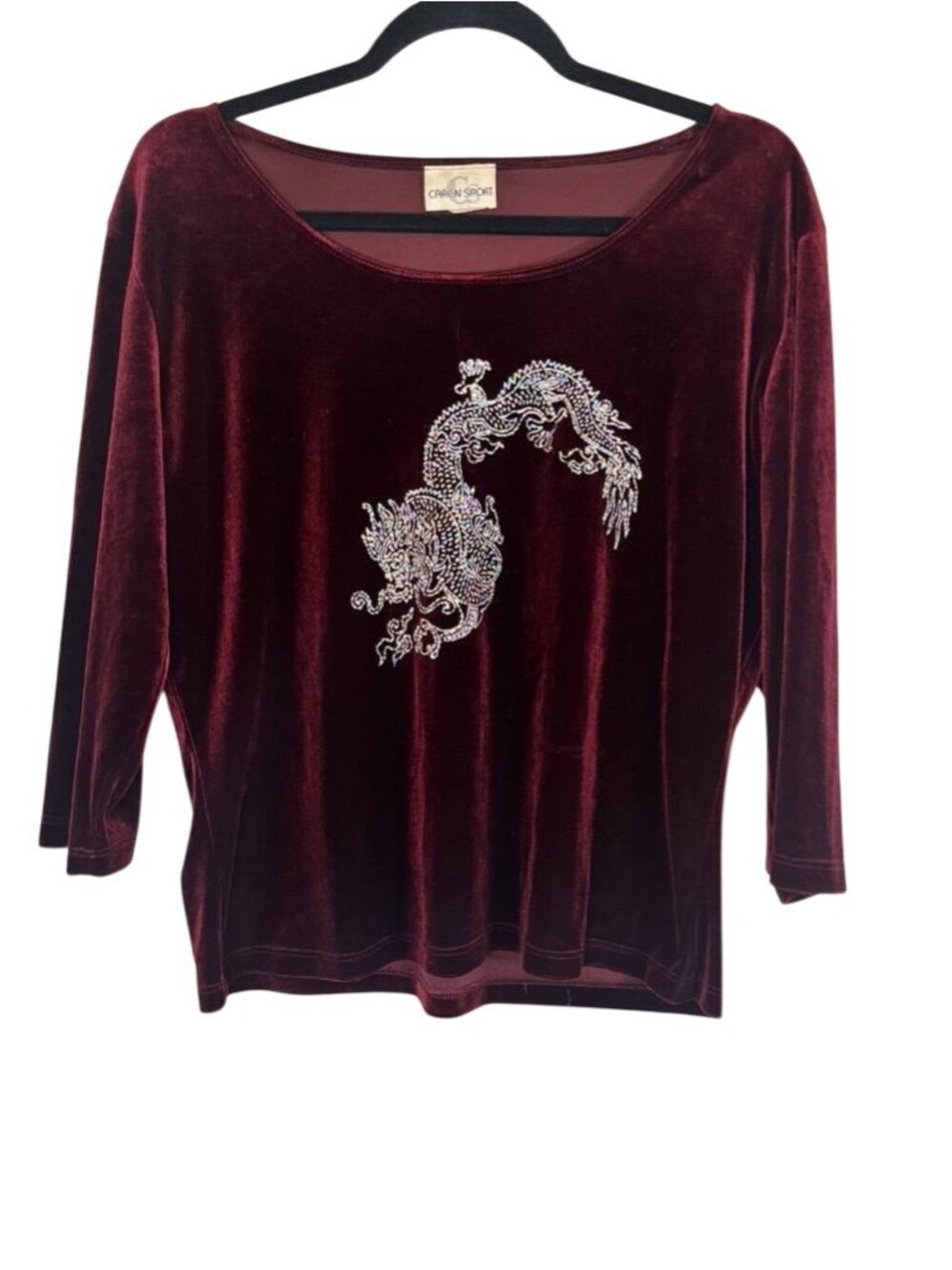 Vintage Rhinestone Dragon Festive Top Y2k Red 1X Festival Mod Retro Shiny Asian